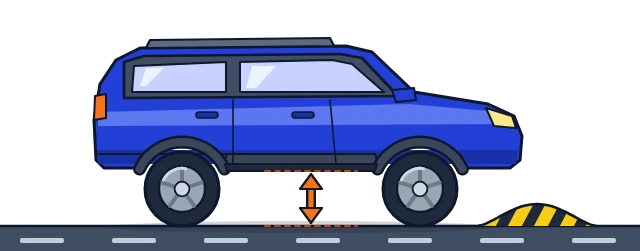 A drawing of a high-riding car, the gap between road and underbody marked